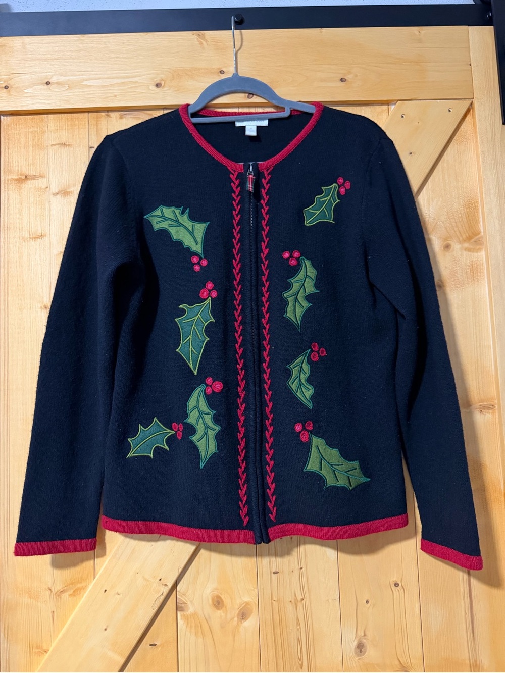 Charter Club 100% Lambswool Holly Christmas Sweater Zip Cardigan M Festive